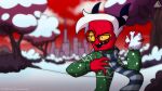  anthro city city_background cityscape clothing demon detailed_background eyewear fan_character glasses hair helluva_boss hi_res horn imp male plant prismanoodle_(artist) scarf smile snow snowball snowball_fight solo sweater terry_(prismanoodle) topwear tree winter yellow_eyes yellow_sclera 