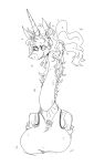  2022 alternate_species anthro big_breasts black_and_white breasts equid equine ethereal_hair eyelashes eyewear female glasses hair hi_res horn huge_breasts long_neck mammal mhdrawin miss_bliss_(mhdrawin) monochrome ponytail smile solo unicorn vertical_bar_eyes 