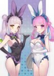  2girls absurdres ahoge animal_ears black_gloves black_leotard blue_bow blue_bowtie blue_hair blunt_bangs blush bow bowtie breasts covered_navel detached_collar elbow_gloves english_text fake_animal_ears frills gloves green_bow green_bowtie grey_hair hair_ornament hand_on_own_hip highres holding holding_tray hololive leotard long_hair looking_at_viewer maid medium_breasts minato_aqua multicolored_hair multiple_girls murasaki_shion null_suke pink_hair playboy_bunny rabbit_ears sidelocks sleeveless small_breasts smile sparkle strapless strapless_leotard sweatdrop tray twintails virtual_youtuber white_gloves white_leotard yellow_eyes 