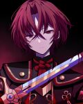  1boy alear_(fire_emblem) alear_(male)_(fire_emblem) blood blood_on_face blood_on_weapon closed_mouth fire_emblem fire_emblem_engage gold_trim hair_between_eyes highres holding holding_sword holding_weapon looking_at_viewer motiumai past_alear_(male) red_eyes red_hair short_hair solo sword weapon 