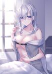  1girl ahoge bed blanket blush breasts grey_hair highres implied_pregnancy jewelry kabocha_torute kantai_collection long_hair looking_at_viewer medium_breasts nude pregnancy_test ring solo suzutsuki_(kancolle) wedding_ring window 
