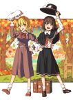  2girls autumn autumn_leaves black_skirt blonde_hair blush bow bowtie brown_eyes brown_footwear brown_hair collared_shirt dress falling_leaves fence full_body grass hat highres holding holding_clothes holding_hat inuno_rakugaki leaf loafers locked_arms long_dress long_skirt looking_at_viewer maribel_hearn mary_janes mob_cap multiple_girls nature necktie open_mouth outdoors outside_border purple_dress red_bow red_bowtie red_footwear red_necktie sash shirt shoes short_hair skirt smile socks standing touhou tree unworn_headwear usami_renko white_shirt white_socks 