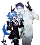  1boy 1girl animal_ears black_bow black_jacket black_necktie black_skirt blue_hair blue_necktie bow braid dog_ears dog_tail formal hair_bow highres jacket juliet_sleeves long_hair long_sleeves multicolored_hair necktie open_mouth original pants puffy_sleeves remsrar simple_background skirt smile streaked_hair suit sunglasses tail twin_braids v very_long_hair white_background white_jacket white_pants white_suit wide_hips wing_collar 