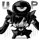 1girl 1other backbeako backbeard chibi commentary_request dress elbow_gloves english_text full_body gegege_no_kitarou gloves hair_over_one_eye hair_ribbon half-closed_eye long_hair looking_at_viewer monochrome on_head one-eyed one_eye_closed open_mouth original pointy_ears ribbon simple_background sleeveless sleeveless_dress smile standing straight-on thighhighs torotei twintails white_background 