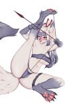  absurd_res anthro arrow_(weapon) blush canid canine canis clothing female fur hakuro_(onmyoji) hi_res legband looking_at_viewer mammal pawpads ranged_weapon simple_background solo spread_legs spreading thighband underwear weapon white_body white_fur wolf 