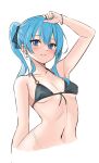  1girl arm_up armpits bikini black_bikini blue_eyes blue_hair blue_nails bracelet breasts closed_mouth cropped_torso earrings hatsanxp highres hololive hoshimachi_suisei jewelry navel side_ponytail small_breasts smile solo star_(symbol) star_in_eye stomach swimsuit symbol_in_eye unfinished 