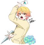  1boy arm_up blonde_hair card cardigan crystal_(project_sekai) gift_card google_play gradient_hair highres holding holding_card long_sleeves multicolored_hair open_mouth orange_eyes pocket project_sekai sidelocks simple_background solo taro14_tea tenma_tsukasa white_background yellow_cardigan yellow_eyes 