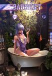  1girl alternate_costume bare_legs bathroom bathtub blue_nails breasts brown_eyes bubble candle chain_necklace chandelier choker cityscape cleavage commentary dress english_commentary english_text evelynn_(league_of_legends) eyelashes fan_yang_(jiuge) faucet fingernails gold_necklace highres indoors jewelry k/da_(league_of_legends) k/da_evelynn large_breasts league_of_legends lipstick looking_at_viewer makeup mirror multiple_rings nail_polish necklace night parted_lips partially_submerged plant potted_plant purple_dress purple_hair rag red_choker red_lips ring sharp_fingernails sitting sleeveless sleeveless_dress smile solo spaghetti_strap sunglasses tile_wall tiles towel triangular_headpiece wet window wooden_floor 