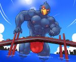  anthro avian bird blue_body bridge bulge car city clothing destruction falco_lombardi happyending hi_res macro male muscular muscular_male nintendo river solo speedo star_fox surprise swimwear truck vehicle 