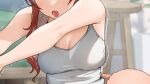  1girl bare_arms blush breasts brown_hair doushimasho indoors king large_breasts open_mouth original outstretched_arms shadow stool stuffed_animal stuffed_toy sweat sweatdrop tank_top teeth white_tank_top 
