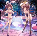  2girls animal_ears aomi_kanon aomi_maika ball bare_shoulders beachball bikini black_footwear black_thighhighs blue_leotard bow bowtie breasts brown_eyes cleavage detached_collar fake_animal_ears fake_tail fireworks fishnet_thighhighs fishnets hands_on_own_chest high_heels karory legs leotard long_hair looking_at_viewer multiple_girls navel night night_sky open_mouth original outdoors pink_bikini plaid plaid_bikini playboy_bunny pool rabbit_ears rabbit_tail ribbon shoes siblings sisters sky smile standing standing_on_one_leg strapless strapless_leotard swimsuit tail thighhighs thighs twins twintails two_side_up wrist_cuffs 