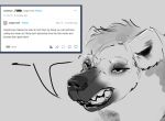  anthro black_and_white dialogue digital_media_(artwork) doctordj eyebrows female fur hair hyena mammal monochrome solo speech_bubble spots teeth text tumblr 