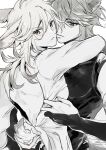  2boys 810clppo alhaitham_(genshin_impact) animal_ears blush bridal_gauntlets genshin_impact grey_eyes greyscale kaveh_(genshin_impact) long_hair long_sleeves male_focus monochrome multiple_boys rabbit_boy rabbit_ears rabbit_tail red_eyes shirt short_hair sleeveless sleeveless_shirt tail tail_grab turtleneck white_background wolf_boy wolf_ears wolf_tail yaoi 