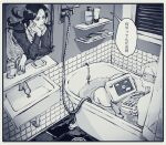  2boys baby_face_(stand) bathroom bathtub black_eyes black_hair border faucet greyscale hand_on_own_cheek hand_on_own_face highres holding_laptop illuso indoors jojo_no_kimyou_na_bouken long_hair lotion_bottle male_focus man_in_the_mirror_(stand) melone meron_nouka monochrome multiple_boys shampoo soap tile_floor tiles vento_aureo water white_border 