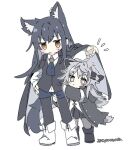  2girls animal_ears arknights ascot black_coat black_dress black_footwear black_pantyhose black_vest blue_ascot blue_shorts blush_stickers boots chibi coat coat_on_shoulders collared_shirt dress ear_piercing extra_ears grey_eyes grey_hair grey_pantyhose hand_on_own_hip height_difference highres lappland_(arknights) lappland_(refined_horrormare)_(arknights) looking_at_viewer messy_hair multiple_girls naguru_(cyoroama) official_alternate_costume pantyhose pantyhose_under_shorts piercing scar scar_across_eye shirt shorts sweatdrop tail texas_(arknights) texas_the_omertosa_(arknights) vest white_footwear white_shirt wolf_ears wolf_girl wolf_tail yellow_eyes 