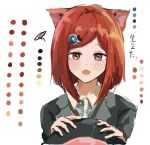  1girl animal_ears black_headwear black_jacket blush cat_ears collared_shirt danganronpa_(series) danganronpa_v3:_killing_harmony fangs gem_hair_ornament hat holding holding_clothes holding_hat iwano_(iwanohiroko) jacket kemonomimi_mode long_sleeves portrait red_hair shirt short_hair solo teeth translation_request two-tone_shirt white_background yumeno_himiko 