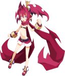  1girl belt bracelet clenched_hands cosplay crown disgaea disgaea_rpg fang flat_chest full_body hair_intakes harada_takehito highres jewelry laharl laharl_(cosplay) long_hair navel no_pupils non-web_source o-ring o-ring_top official_art open_mouth petta_(phantom_kingdom) photoshop_(medium) pointy_ears red_hair red_scarf scarf shorts solo transparent_background twintails white_eyes 