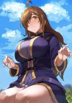  1girl ahoge arms_at_sides belt blush breasts brown_eyes brown_hair from_below hair_over_one_eye highres kono_subarashii_sekai_ni_shukufuku_wo! large_breasts looking_at_viewer loose_belt nasubin_(nasubisamurai15) open_belt outdoors purple_robe robe seiza sitting sky solo thighs wiz_(konosuba) 