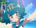  1girl aqua_eyes aqua_hair bare_arms blue_sailor_collar blush bright_pupils cloud commentary_request day freckles hairband lana_(pokemon) looking_at_viewer mizu_majuu_(waterman10) no_sclera outdoors palm_tree parted_lips pokemon pokemon_(game) pokemon_sm portrait sailor_collar selfie shirt shore short_hair sky solo tree water white_pupils white_shirt yellow_hairband 