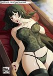  1girl black_bikini_bottom black_cape black_corset black_hair black_thighhighs blood blood_on_face blood_on_hands breasts cape corset fubuki_(one-punch_man) gurinsensei large_breasts looking_at_viewer lying on_back one-punch_man red_eyes short_hair solo thighhighs 