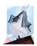  1girl absurdres architecture black_bow blue_archive blue_sky bow bowtie cherry_blossoms closed_mouth cloud commentary_request dangoyoo east_asian_architecture falling_petals from_below grey_eyes grey_hair gun halo haori highres holding holding_gun holding_weapon japanese_clothes long_skirt nagusa_(blue_archive) petals pleated_skirt sailor_collar school_uniform serafuku skirt sky solo standing weapon white_sailor_collar white_serafuku white_skirt zouri 