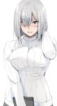  1girl aged_up blue_eyes breasts grey_hair hair_ornament hair_over_one_eye hairclip hamakaze_(kancolle) highres kantai_collection large_breasts ribbed_sweater short_hair simple_background solo sweater upper_body white_background white_sweater zekkyon 
