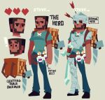  ! 1boy armor backpack bag beard belt breastplate brown_hair crafting_table_(minecraft) english_text facial_hair hammer heart highres looking_to_the_side minecraft no_mouth potion reference_sheet saw solo steve_(minecraft) sword the_noodle_(onebadnoodle) weapon 
