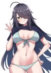  1girl ahoge bikini black_hair blue_shirt breasts clothes_lift cowboy_shot front-tie_bikini_top front-tie_top green_bikini green_eyes hair_over_one_eye highres kako_(kancolle) kantai_collection lanthan large_breasts lifted_by_self looking_at_viewer navel shirt shirt_lift short_sleeves sidelocks simple_background smile solo standing swimsuit white_background 