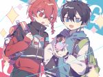  2boys :d :o backpack bag black_hair black_jacket blue_eyes blue_hoodie blue_lock blush braid cropped_jacket diamond_(shape) drawstring hair_between_eyes high_collar hood hood_down hoodie isagi_yoichi jacket kurona_ranze letterman_jacket long_sleeves male_focus multiple_boys open_mouth red_eyes red_hair red_shirt saturn_(planet) sen_(5710265) sharp_teeth shirt sidelocks smile teeth upper_body 