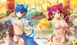  2girls alternate_costume animal_ears bare_shoulders bell bell_earrings blue_hair blunt_bangs breasts cat_ears commission duel_monster earrings energy_tail english_text fundoshi ha-re_the_sword_mikanko hand_on_own_cheek hand_on_own_face hand_up highres hsin japanese_clothes jewelry long_sleeves medium_breasts multicolored_hair multiple_girls multiple_tails ni-ni_the_mirror_mikanko onsen outdoors purple_hair red_eyes red_hair short_hair skirt swimsuit tail thigh_strap tree twintails twitter_username two-tone_hair two_tails wide_sleeves yu-gi-oh! 