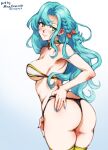  1girl aqua_hair ass ass_focus back bare_shoulders blush braid breasts chloe_(fire_emblem) commentary english_commentary fire_emblem fire_emblem_engage green_eyes huge_ass large_breasts long_hair looking_at_viewer mina_cream presenting side_braid smile solo thick_thighs thighs thong very_long_hair 