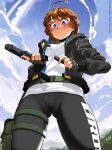  1girl ahoge blue_eyes blush brooke_(mathias_leth) brown_hair cloud cloudy_sky fingerless_gloves glock gloves gun handgun highres holster jacket magazine_(weapon) mathias_leth open_clothes open_jacket original pants reloading shirt sky solo thigh_holster trigger_discipline weapon white_shirt 