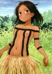 1girl absurdres black_hair blue_sky blush bodypaint breasts cloud dark_nipples dark_skin forest grass grass_skirt highres holding holding_clothes holding_skirt kanden_sky nature nipples orange_eyes original outdoors outstretched_arms romaji_text short_hair skirt sky small_breasts small_nipples smile topless tree 