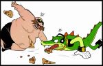  2023 angry anthro being_watched bottomwear clothed clothing crocodilian dr._eggman duo eating food footwear gloves green_body handwear human light_body light_skin looking_at_another male mammal meme navel nipples overweight overweight_human overweight_male pizza reptile scalie sega shorts simple_background sonic_the_hedgehog_(series) topless totesfleisch8 vector_the_crocodile 