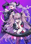  2girls :d arm_up bear_hair_ornament black_dress black_footwear black_horns black_shirt black_thighhighs boots bow braid breasts cleavage crown danganronpa:_trigger_happy_havoc danganronpa_(series) dress enoshima_junko fingerless_gloves gloves hair_ornament high_heel_boots high_heels highres holding holding_scythe horns knee_boots kusatakesi long_hair long_sleeves looking_at_viewer master_detective_archives:_rain_code multicolored_hair multiple_girls neck_ribbon open_mouth pink_bow pink_hair purple_eyes ribbon scythe shinigami_(rain_code) shirt smile teeth thighhighs twin_braids twintails upper_teeth_only watermark web_address white_ribbon 