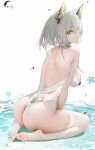  1girl animal_ears arknights ass breasts closed_mouth feet from_behind green_eyes grey_hair highres kal&#039;tsit_(arknights) legs looking_at_viewer medium_breasts no_shoes omone_hokoma_agm one-piece_swimsuit short_hair sideboob sitting soles solo swimsuit thighhighs toes wariza white_one-piece_swimsuit white_thighhighs 