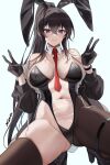  1girl absurdres animal_ears ass_visible_through_thighs asymmetrical_legwear bare_shoulders between_breasts black_gloves black_hair bracelet breasts cleavage counter:side covered_navel detached_collar double_v gloves groin high_heels highres jewelry kneeling large_breasts long_hair looking_at_viewer maett meme_attire necktie necktie_between_breasts playboy_bunny ponytail purple_eyes rabbit_ears rabbit_tail red_necktie see-through signature solo spread_legs tail thighhighs translucent_bunnysuit v yoo_mina 