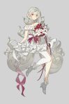  1girl absurdres bare_shoulders blush bouquet breasts cleavage closed_mouth dress grey_background grey_hair high_heels highres holding holding_bouquet lai_dou_laile_555 long_hair nijisanji nijisanji_en off-shoulder_dress off_shoulder red_eyes red_ribbon reimu_endou ribbon simple_background single_leg_pantyhose small_breasts smile solo white_dress white_footwear 