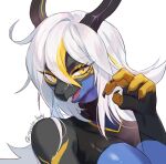  anthro black_body claws dragon female finger_claws hair hi_res horn looking_at_viewer nonoka917 open_mouth simple_background solo white_hair yellow_eyes 