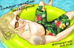  1boy arm_tattoo blonde_hair character_name collarbone dated english_text fate/grand_order fate_(series) floating from_above highres innertube long_hair looking_at_viewer male_focus male_swimwear ocean orange-tinted_eyewear shirokuma_tansan shorts shoulder_tattoo solo summer sunglasses tattoo tezcatlipoca_(fate) tinted_eyewear topless_male 