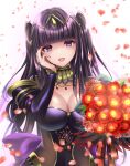 1girl bare_shoulders black_dress black_hair blunt_bangs bouquet breasts bridal_gauntlets choker cleavage commentary_request detached_sleeves dress fire_emblem fire_emblem_awakening fire_emblem_heroes flower gold_choker gold_trim hand_on_own_face highres holding holding_bouquet kakiko210 large_breasts lips long_hair looking_at_viewer official_alternate_costume open_mouth petals pink_lips purple_eyes red_flower red_rose rose simple_background smile solo tharja_(bridal)_(fire_emblem) tharja_(fire_emblem) wedding_dress white_background 