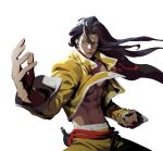  1boy abs absurdres black_eyes black_hair closed_mouth dark_skin fighting_stance highres jamie_siu long_hair long_sleeves looking_at_viewer loped open_clothes pectorals simple_background street_fighter street_fighter_6 white_background wind 