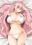  absurdres adahcm bangs bikini blue_eyes bocchi_the_rock! breasts closed_mouth cube_hair_ornament gotou_hitori hair_ornament highres jacket large_breasts long_hair looking_at_viewer lying on_back one_side_up pink_hair pink_jacket solo swimsuit track_jacket white_bikini 