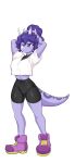  2023 3_horns alpha_channel anthro bottomwear ceratopsian clothing digital_drawing_(artwork) digital_media_(artwork) dinosaur eyelashes female footwear freckles frill_(anatomy) hair hands_behind_head hi_res horn long_hair long_tail midriff multi_horn navel ornithischian ponytail purple_body purple_eyes purple_hair purple_scales reptile scales scalie sera_(snoot_game) shoes shorts simple_background smile sneakers snoot_game_(fan_game) solo tail transparent_background triceratops unknown_artist 