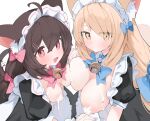  2girls :d animal_ear_fluff animal_ears bell blonde_hair blue_bow blush bow breasts brown_hair closed_mouth copyright_request cream_on_breasts hair_bow holding_hands interlocked_fingers jingle_bell large_breasts long_hair looking_at_viewer maid maid_headdress medium_breasts mikozin multiple_girls neck_bell pink_bow puffy_short_sleeves puffy_sleeves red_eyes short_sleeves smile yellow_eyes 