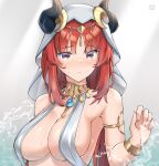  1girl alternate_costume armlet armpits bare_shoulders bikini bracelet breasts brown_eyes cleavage closed_mouth collar embarrassed fake_horns freshtango genshin_impact highres horns jewelry large_breasts long_hair looking_at_viewer nilou_(genshin_impact) red_hair solo sweatdrop swimsuit upper_body veil water wet white_bikini 