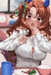  1girl absurdres animal_ears blurry blurry_background blush breasts broccoli brown_eyes brown_hair buttons cleavage collarbone cup dilated_pupils ear_covers food fried_egg highres holding horse_girl horse_tail king_halo_(umamusume) long_hair long_sleeves looking_at_viewer open_mouth parted_bangs plate rice sausage shirt sitting solo surprised tabunshake tail umamusume upper_body vegetable white_shirt 