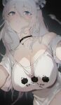  1girl animal_ear_fluff animal_ears bare_shoulders black_choker blurry blurry_background blush breasts choker cleavage clothes_writing collarbone ear_piercing grey_eyes grey_hair hair_between_eyes hanging_breasts highres hololive jewelry kakage large_breasts lion_ears lion_girl lion_tail long_hair looking_at_viewer loose_clothes loose_shirt messy_hair midriff_peek navel necklace no_bra off-shoulder_shirt off_shoulder official_alternate_costume official_alternate_hairstyle parted_lips piercing revision shirt shishiro_botan shishiro_botan_(4th_costume) short_sleeves sidelocks single_bare_shoulder skirt solo t-shirt tail virtual_youtuber white_shirt white_skirt 