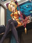  1girl absurdres arm_behind_head black_gloves blonde_hair blue_eyes boots crossed_legs desk detached_sleeves final_fantasy final_fantasy_viii glasses gloves highres on_desk one_eye_closed quistis_trepe sirknightbot sitting sitting_on_desk smile solo thigh_boots thighhighs whip 