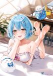 1girl :d ahoge bare_arms bare_legs bare_shoulders barefoot blue_hair bottle breasts camisole casino_(casinoep) character_hair_ornament cleavage crossed_ankles daifuku_(yukihana_lamy) full_body hair_between_eyes hair_ornament hand_on_own_cheek hand_on_own_face head_rest heart heart_ahoge highres hololive indoors large_breasts looking_at_viewer lying miniskirt multicolored_hair on_bed on_stomach plant pointy_ears short_hair skirt smile solo strap_slip streaked_hair the_pose virtual_youtuber white_skirt yellow_eyes yukihana_lamy yukihana_lamy_(4th_costume) yukimin_(yukihana_lamy) 
